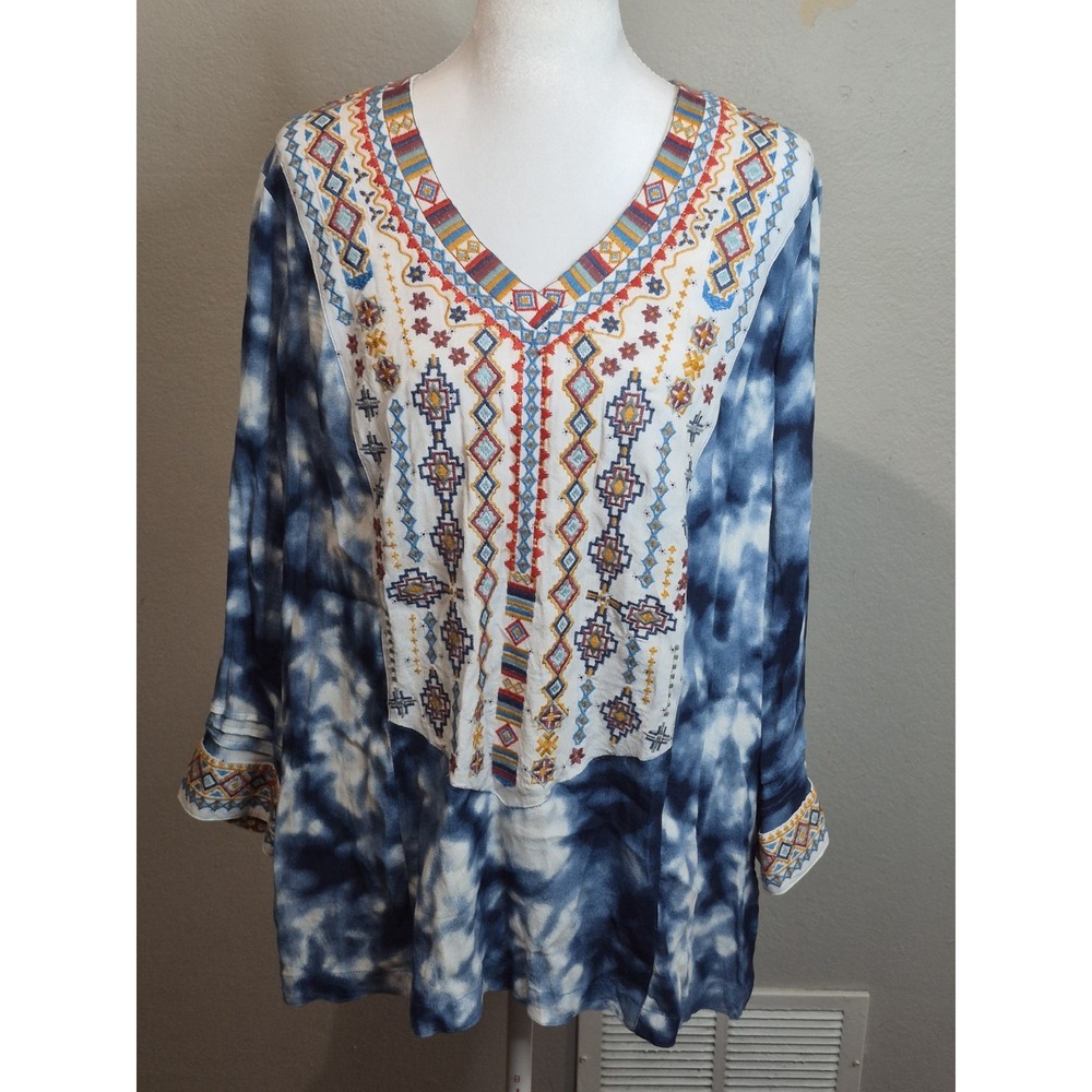 John‎ Mark Embroidered Southwestern Tie Dye Tunic Top Boho Sz Large Chic Artisan